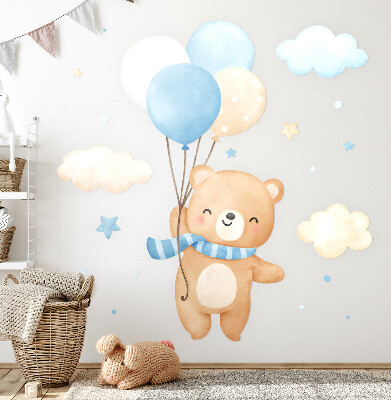 Autocollant mural 60x86 Ours en peluche mignon avec des ballons dans les nuages, aquarelle pastel
