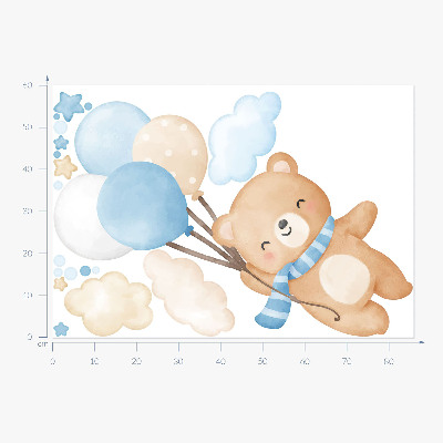 Autocollant mural 60x86 Ours en peluche mignon avec des ballons dans les nuages, aquarelle pastel