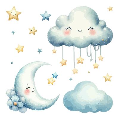 Autocollant mural 60x60 Nuages pastel avec la lune et les étoiles