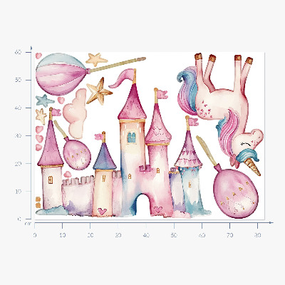 Autocollant mural 60x82 Château de licorne dans un style aquarelle pastel