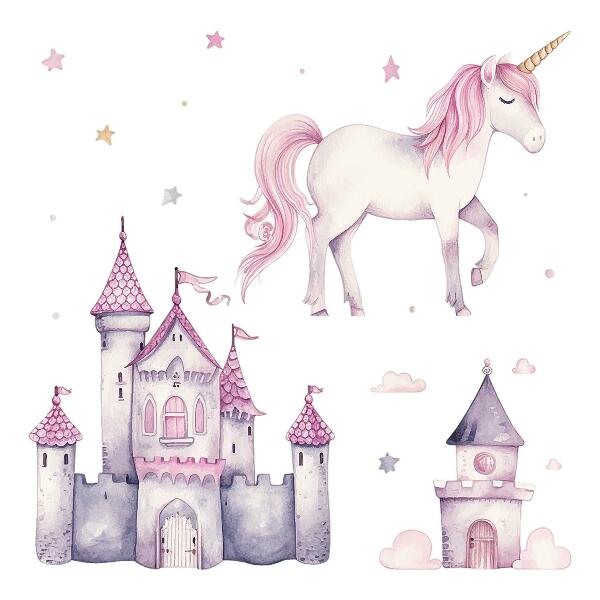 Autocollant mural 60x98 Aquarelle pastel avec une licorne et un château