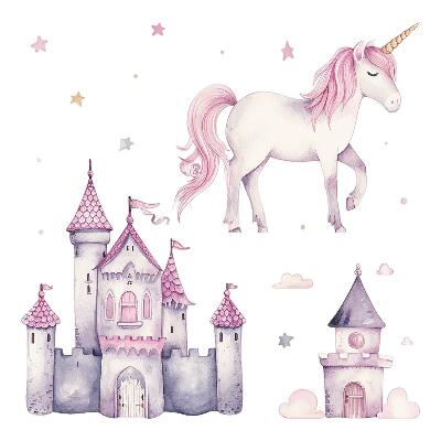 Autocollant mural 60x98 Aquarelle pastel avec une licorne et un château