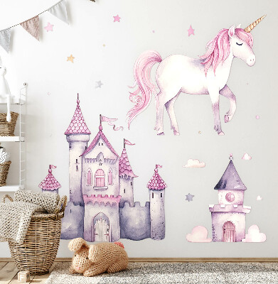 Autocollant mural 60x98 Aquarelle pastel avec une licorne et un château