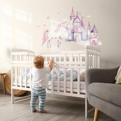 Autocollant mural 60x98 Aquarelle pastel avec une licorne et un château