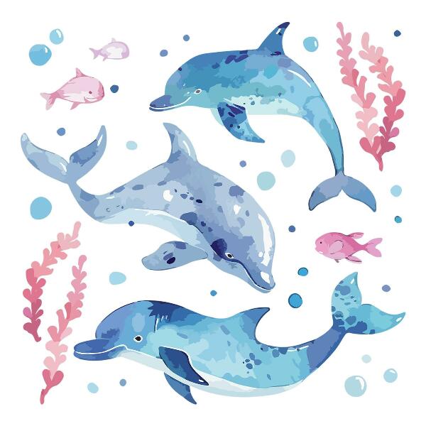 Autocollant mural 60x93 Dauphins bleus dans un paysage sous-marin pastel