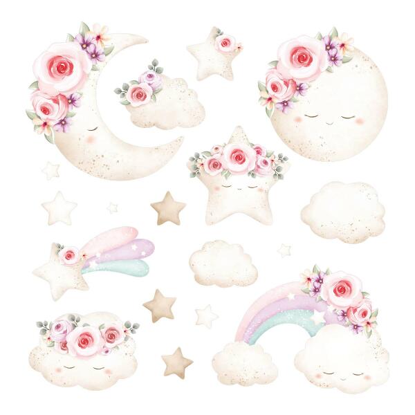 Autocollant mural 60x83 Ciel fleuri dans un style bohème aquarelle