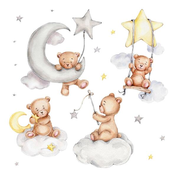 Autocollant mural 60x106 Ours en peluche dans un ciel pastel aquarelle