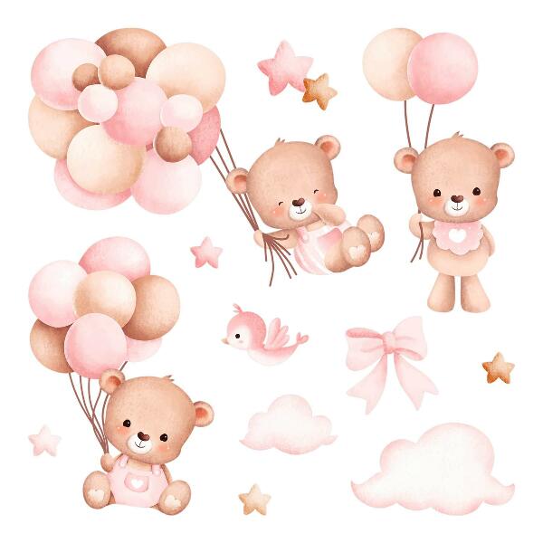 Autocollant mural 60x92 Ours en peluche mignons avec des ballons à l'aquarelle pastel