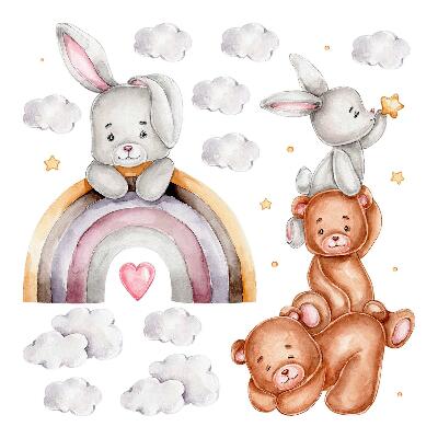 Autocollant mural 60x101 Ours en peluche et lapins pastel à l'aquarelle