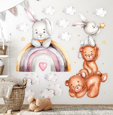 Autocollant mural 60x101 Ours en peluche et lapins pastel à l'aquarelle