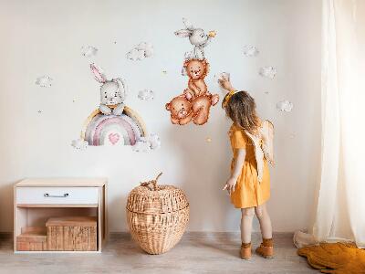 Autocollant mural 60x101 Ours en peluche et lapins pastel à l'aquarelle