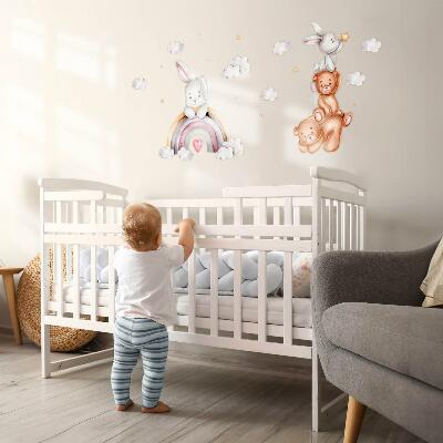 Autocollant mural 60x101 Ours en peluche et lapins pastel à l'aquarelle
