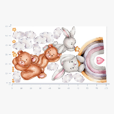 Autocollant mural 60x101 Ours en peluche et lapins pastel à l'aquarelle