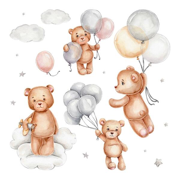 Autocollant mural 60x90 Ours en peluche mignons avec des ballons dans les nuages pastel