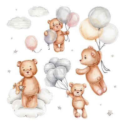 Autocollant mural 60x90 Ours en peluche mignons avec des ballons dans les nuages pastel