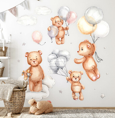 Autocollant mural 60x90 Ours en peluche mignons avec des ballons dans les nuages pastel