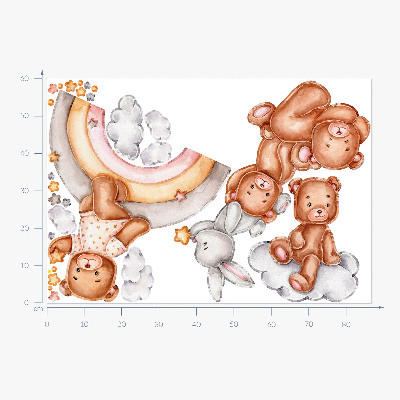 Autocollant mural 60x87 Des ours en peluche et un lapin dans un arc-en-ciel pastel et des nuages