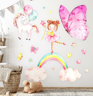 Autocollant mural 60x78 Licorne pastel avec des ballons sur un arc-en-ciel