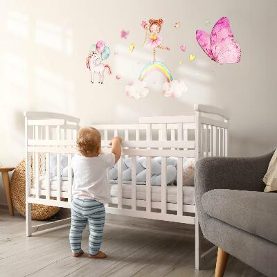 Autocollant mural 60x78 Licorne pastel avec des ballons sur un arc-en-ciel
