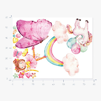Autocollant mural 60x78 Licorne pastel avec des ballons sur un arc-en-ciel