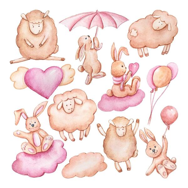 Autocollant mural 60x96 Nuages pastel avec moutons et lapins