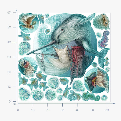 Autocollant mural 60x62 Un monde marin de conte de fées avec des animaux de dessins animés