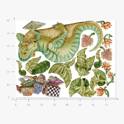 Autocollant mural 60x78 Motif dinosaure avec des feuilles et des fleurs aux couleurs pastel
