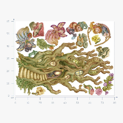 Autocollant mural 60x80 Créatures de la forêt et cabanes dans les arbres aux couleurs pastel