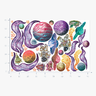 Autocollant mural 60x92 Aventures spatiales de fusées et de planètes aux pastels