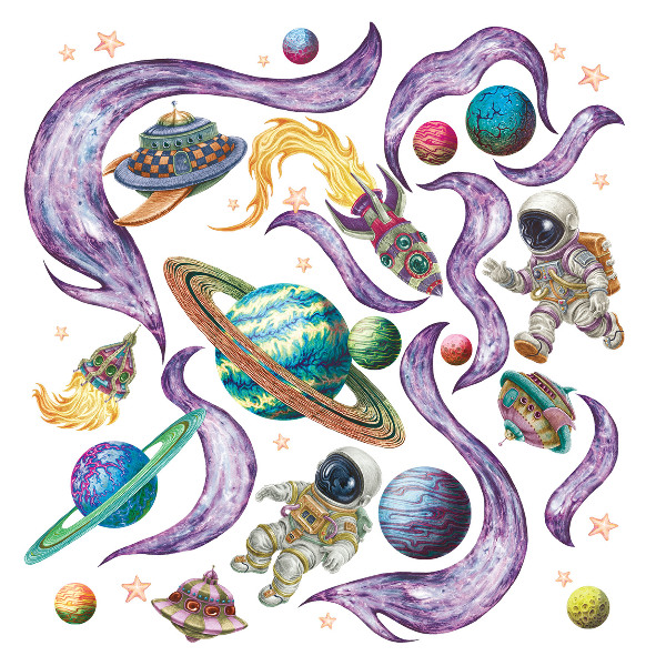 Autocollant mural 60x103 Des fusées d'astronautes sur fond planétaire pastel