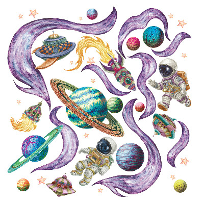 Autocollant mural 60x103 Des fusées d'astronautes sur fond planétaire pastel