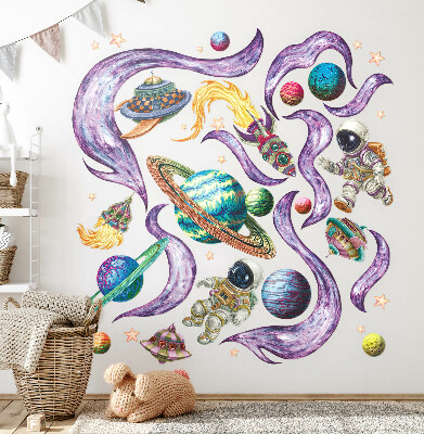 Autocollant mural 60x103 Des fusées d'astronautes sur fond planétaire pastel