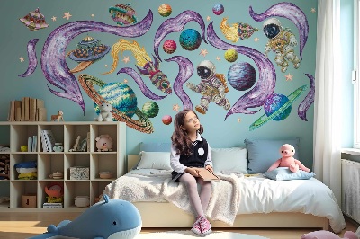 Autocollant mural 60x103 Des fusées d'astronautes sur fond planétaire pastel