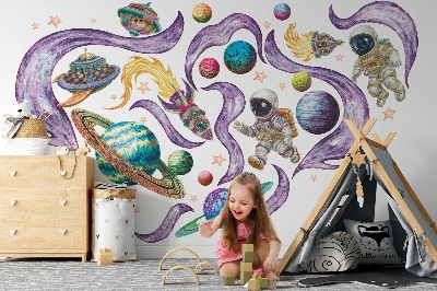 Autocollant mural 60x103 Des fusées d'astronautes sur fond planétaire pastel