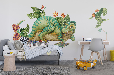 Autocollant mural 80x102 Un dinosaure dans un style dessin animé avec des feuilles et des fleurs