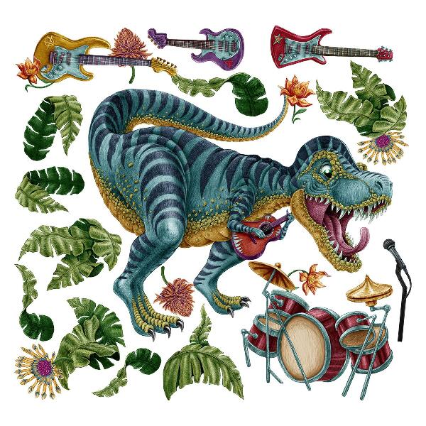 Autocollant mural 80x119 Dinosaure de dessin animé musical avec instruments