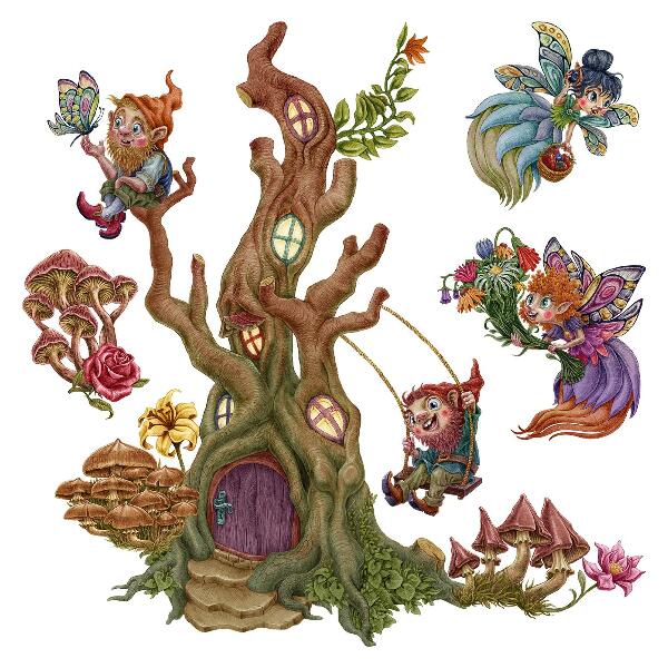 Autocollant mural 80x83 Magie de la forêt avec des fées et des nains