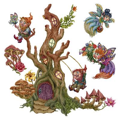 Autocollant mural 80x83 Magie de la forêt avec des fées et des nains