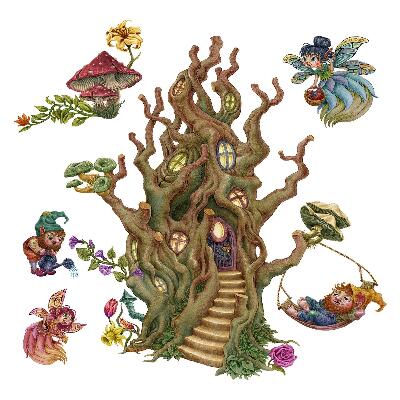 Autocollant mural 80x106 Créatures de la forêt, fées, gnomes et une cabane dans les arbres