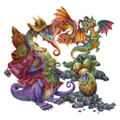 Autocollant mural 80x97 Famille de contes de fées de dragons colorés dans un style illustratif