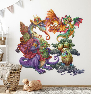 Autocollant mural 80x97 Famille de contes de fées de dragons colorés dans un style illustratif