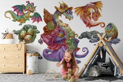 Autocollant mural 80x97 Famille de contes de fées de dragons colorés dans un style illustratif