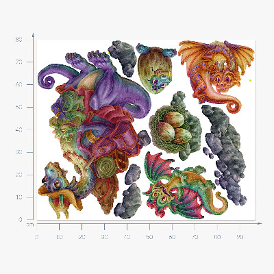 Autocollant mural 80x97 Famille de contes de fées de dragons colorés dans un style illustratif