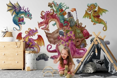 Autocollant mural 80x107 Une famille de dragons de conte de fées dans une version dessin animé