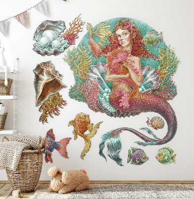 Autocollant mural 80x79 Une sirène de style dessin animé avec des coquillages sous-marins