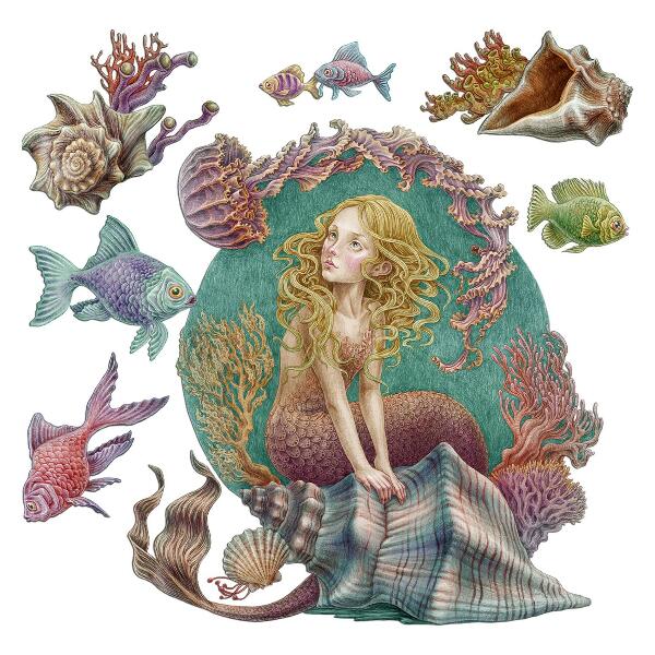 Autocollant mural 80x71 Une sirène parmi les coquillages des histoires sous-marines