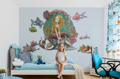 Autocollant mural 80x71 Une sirène parmi les coquillages des histoires sous-marines