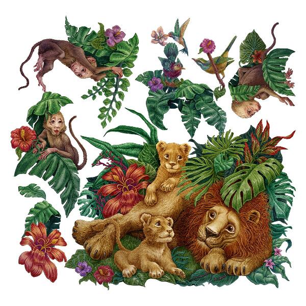 Autocollant mural 80x126 Bêtes exotiques de safari dans un style dessin animé de jungle tropicale
