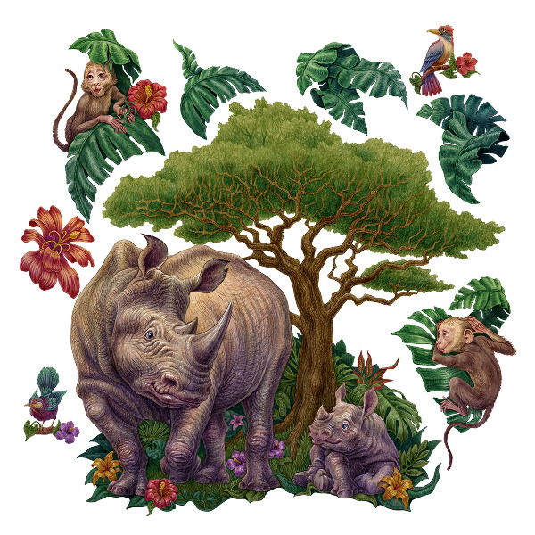 Autocollant mural 80x86 Animaux sauvages et végétation de safari en dessins