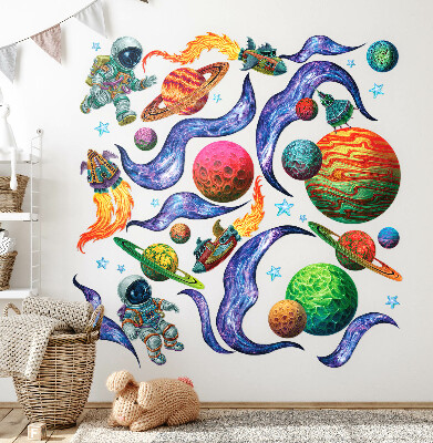 Autocollant mural 80x124 Voyage en fusée spatiale avec des astronautes et des planètes